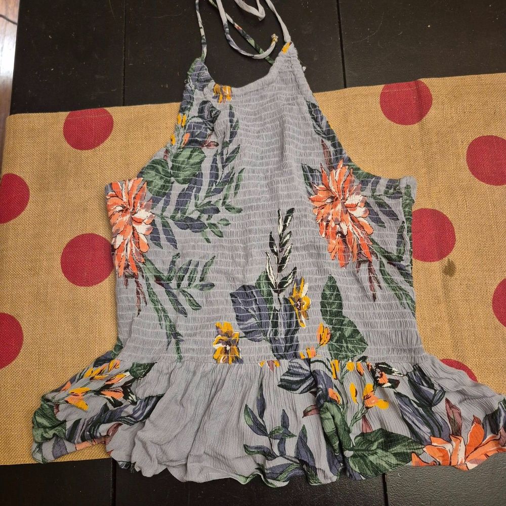 Patrons of Peace Size Large Blue Chambray Halter Top Tropical Flowers Peplum EUC
